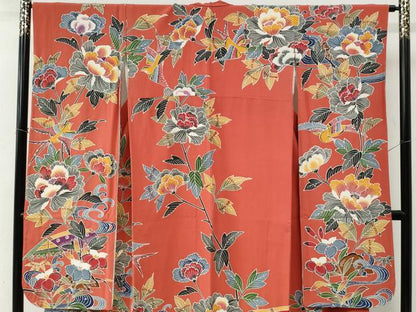 平和屋着物●豪華振袖　型染め　御所解花鳥文　正絹　逸品　CABC6913yc