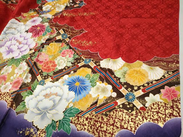 平和屋着物●豪華振袖　刺繍　天井牡丹花文　ラメ糸　暈し染め　金彩　仮絵羽　逸品　未使用　CABC6919yc