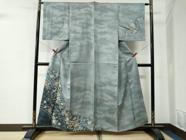 平和屋着物●越後十日町の一流染匠　桐屋・翠山工房　訪問着　辻が花　絞り　銀通し地　正絹　逸品　CABC6923yc