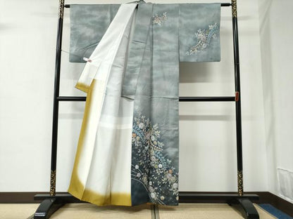 平和屋着物●越後十日町の一流染匠　桐屋・翠山工房　訪問着　辻が花　絞り　銀通し地　正絹　逸品　CABC6923yc