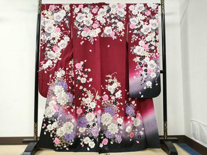 平和屋着物●豪華振袖　草花文　ラメ糸　暈し染め　銀通し地　正絹　逸品　CABC6937yc