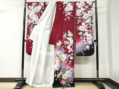 平和屋着物●豪華振袖　草花文　ラメ糸　暈し染め　銀通し地　正絹　逸品　CABC6937yc