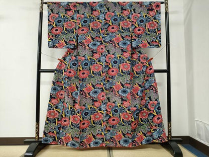 平和屋着物●上質な小紋　型染め　草花文　紺地　正絹　逸品　CABC6951yc
