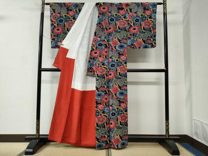 平和屋着物●上質な小紋　型染め　草花文　紺地　正絹　逸品　CABC6951yc