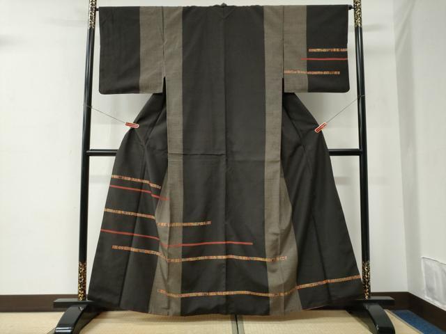 平和屋着物●訪問着　紬地　横段吉祥文　黒地　正絹　逸品　CABC6953yc