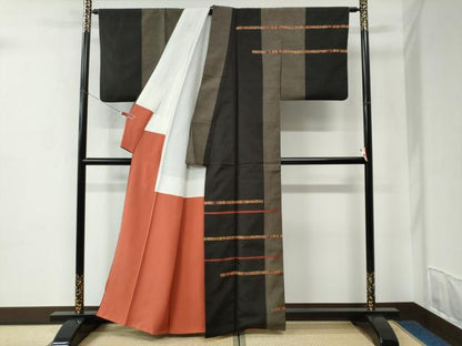 平和屋着物●訪問着　紬地　横段吉祥文　黒地　正絹　逸品　CABC6953yc