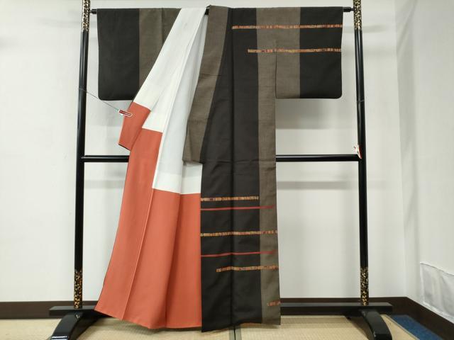 平和屋着物●訪問着　紬地　横段吉祥文　黒地　正絹　逸品　CABC6953yc