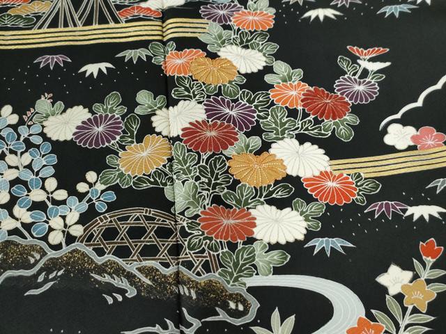 平和屋着物●訪問着　駒刺繍　籬草花文　黒地　金彩　正絹　逸品　CABC6960yc