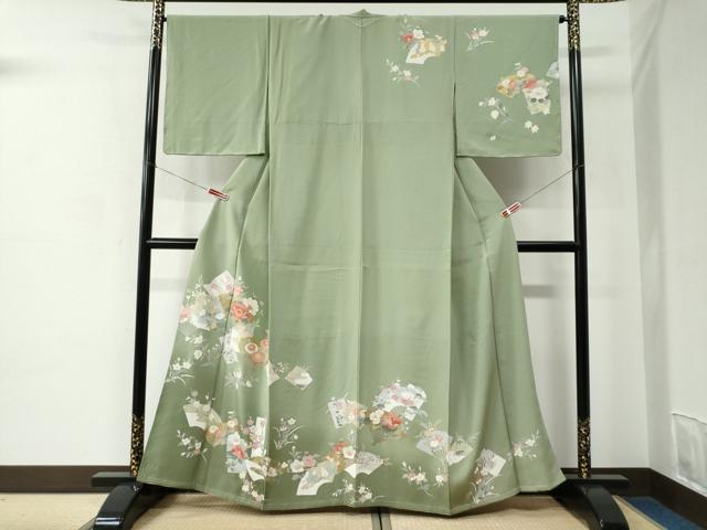平和屋着物●訪問着　扇面地紙草花文　暈し染め　金彩　正絹　逸品　未使用　CABC6961yc