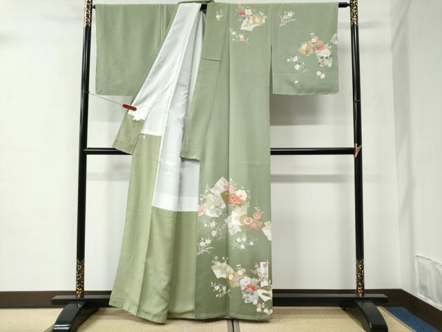 平和屋着物●訪問着　扇面地紙草花文　暈し染め　金彩　正絹　逸品　未使用　CABC6961yc