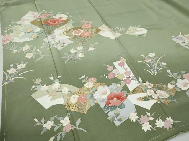 平和屋着物●訪問着　扇面地紙草花文　暈し染め　金彩　正絹　逸品　未使用　CABC6961yc