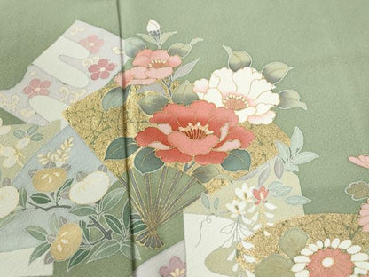 平和屋着物●訪問着　扇面地紙草花文　暈し染め　金彩　正絹　逸品　未使用　CABC6961yc