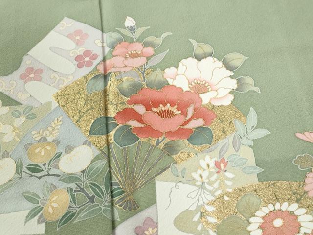 平和屋着物●訪問着　扇面地紙草花文　暈し染め　金彩　正絹　逸品　未使用　CABC6961yc