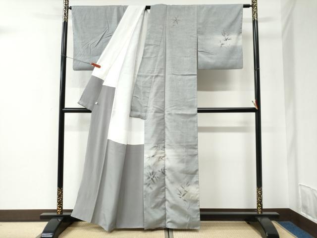 平和屋着物●訪問着　紬地　作家物　手描き　枝葉文　正絹　逸品　CABC6967yc