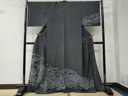 平和屋着物●訪問着　江戸小紋　鮫小紋柄　遠山京風景文　黒地　正絹　逸品　CABC6968yc