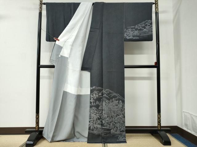 平和屋着物●訪問着　江戸小紋　鮫小紋柄　遠山京風景文　黒地　正絹　逸品　CABC6968yc