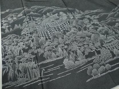 平和屋着物●訪問着　江戸小紋　鮫小紋柄　遠山京風景文　黒地　正絹　逸品　CABC6968yc