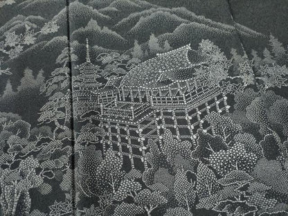 平和屋着物●訪問着　江戸小紋　鮫小紋柄　遠山京風景文　黒地　正絹　逸品　CABC6968yc