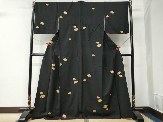 平和屋着物●上質な小紋　貝合わせ花文　黒地　金彩　ロング丈　正絹　逸品　CABC6969yc