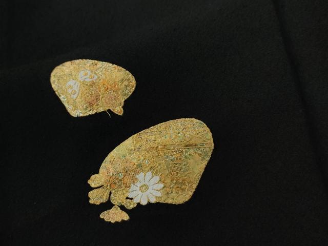 平和屋着物●上質な小紋　貝合わせ花文　黒地　金彩　ロング丈　正絹　逸品　CABC6969yc