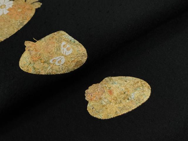 平和屋着物●上質な小紋　貝合わせ花文　黒地　金彩　ロング丈　正絹　逸品　CABC6969yc