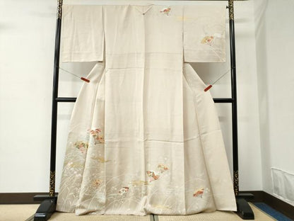 平和屋着物●訪問着　駒刺繍　霞扇面草花文　暈し染め　金銀彩　正絹　逸品　CABC6970yc