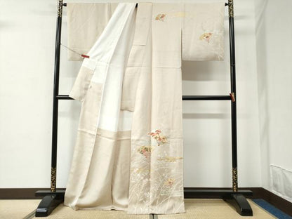 平和屋着物●訪問着　駒刺繍　霞扇面草花文　暈し染め　金銀彩　正絹　逸品　CABC6970yc