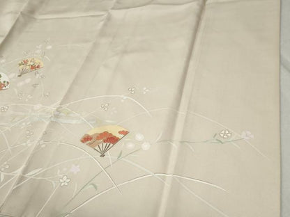 平和屋着物●訪問着　駒刺繍　霞扇面草花文　暈し染め　金銀彩　正絹　逸品　CABC6970yc