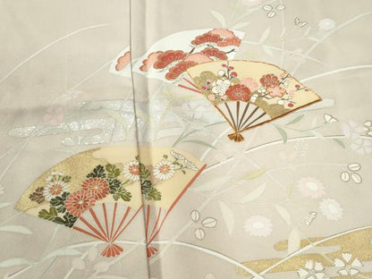 平和屋着物●訪問着　駒刺繍　霞扇面草花文　暈し染め　金銀彩　正絹　逸品　CABC6970yc
