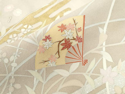 平和屋着物●訪問着　駒刺繍　霞扇面草花文　暈し染め　金銀彩　正絹　逸品　CABC6970yc