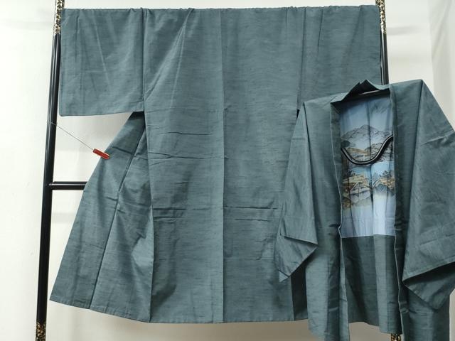 平和屋着物●男性　紬　アンサンブル　色無地　藍色　やまと誂製　キングサイズ　正絹　逸品　CABC6976yc