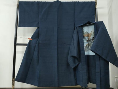 平和屋着物●男性　紬　アンサンブル　色無地　鉄紺色　正絹　逸品　CABC6979yc