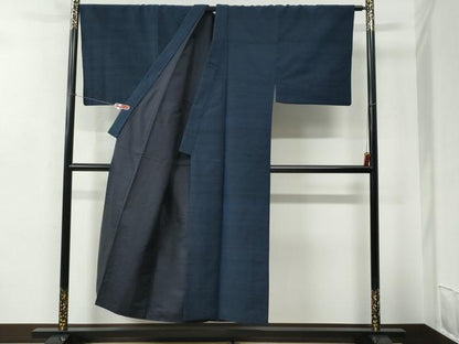 平和屋着物●男性　紬　アンサンブル　色無地　鉄紺色　正絹　逸品　CABC6979yc