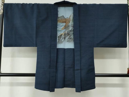 平和屋着物●男性　紬　アンサンブル　色無地　鉄紺色　正絹　逸品　CABC6979yc