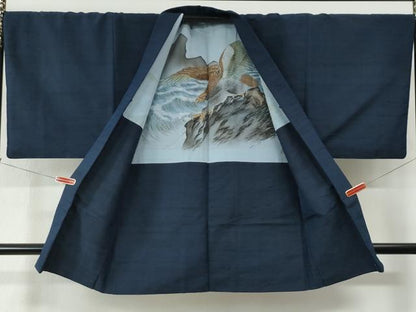 平和屋着物●男性　紬　アンサンブル　色無地　鉄紺色　正絹　逸品　CABC6979yc