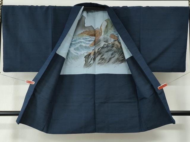 平和屋着物●男性　紬　アンサンブル　色無地　鉄紺色　正絹　逸品　CABC6979yc