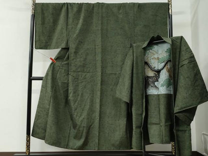 平和屋着物●男性　髭紬　アンサンブル　色無地　藍媚茶色　キングサイズ　正絹　逸品　CABC6981yc