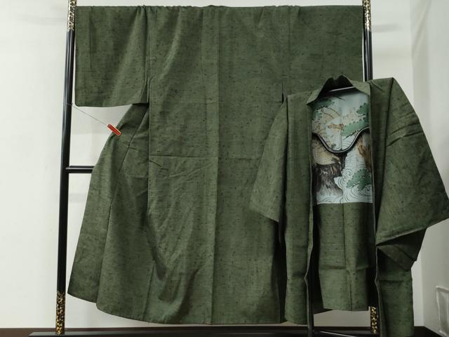 平和屋着物●男性　髭紬　アンサンブル　色無地　藍媚茶色　キングサイズ　正絹　逸品　CABC6981yc