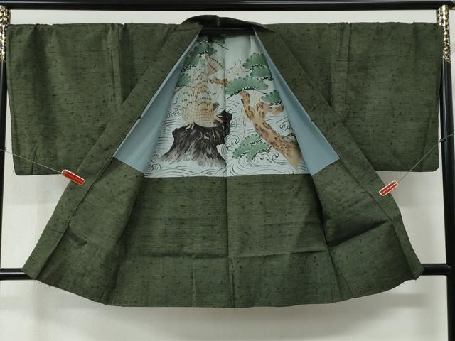 平和屋着物●男性　髭紬　アンサンブル　色無地　藍媚茶色　キングサイズ　正絹　逸品　CABC6981yc