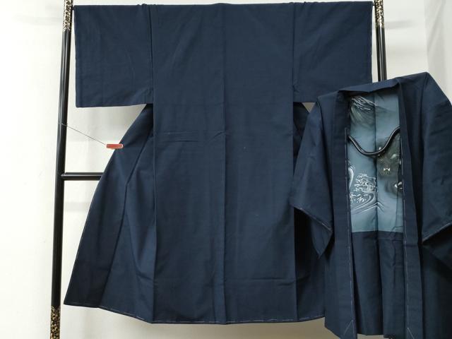 平和屋着物●男性　紬　アンサンブル　色無地　留紺色　羽裏：龍　正絹　逸品　未使用　CABC6993yc
