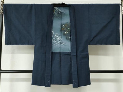 平和屋着物●男性　紬　アンサンブル　色無地　留紺色　羽裏：龍　正絹　逸品　未使用　CABC6993yc
