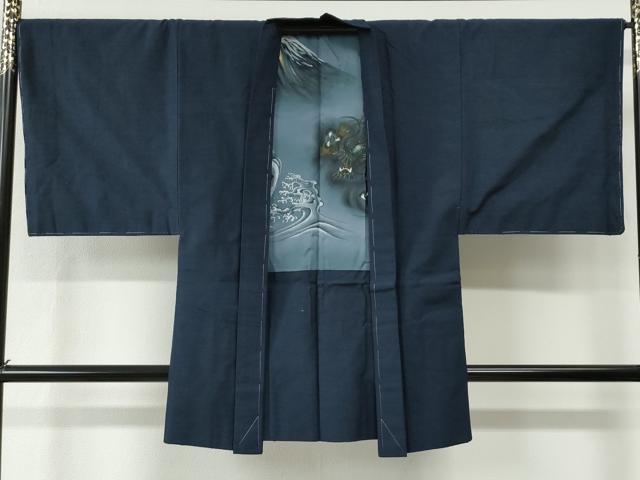 平和屋着物●男性　紬　アンサンブル　色無地　留紺色　羽裏：龍　正絹　逸品　未使用　CABC6993yc
