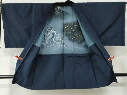 平和屋着物●男性　紬　アンサンブル　色無地　留紺色　羽裏：龍　正絹　逸品　未使用　CABC6993yc