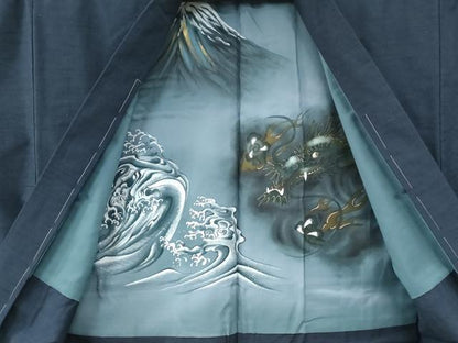 平和屋着物●男性　紬　アンサンブル　色無地　留紺色　羽裏：龍　正絹　逸品　未使用　CABC6993yc