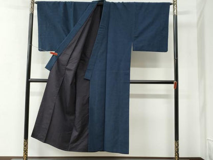 平和屋着物●男性　髭紬　アンサンブル　色無地　留紺色　正絹　逸品　CABC6994yc