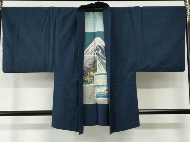 平和屋着物●男性　髭紬　アンサンブル　色無地　留紺色　正絹　逸品　CABC6994yc