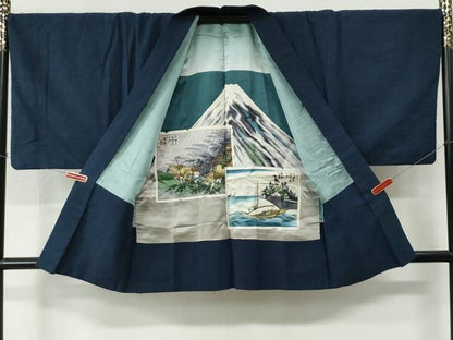平和屋着物●男性　髭紬　アンサンブル　色無地　留紺色　正絹　逸品　CABC6994yc