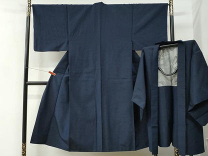 平和屋着物●男性　紬　アンサンブル　色無地　留紺色　正絹　逸品　CABC7011yc