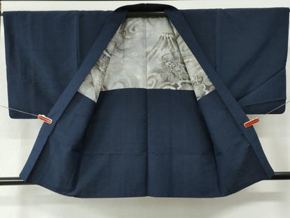 平和屋着物●男性　紬　アンサンブル　色無地　留紺色　正絹　逸品　CABC7011yc