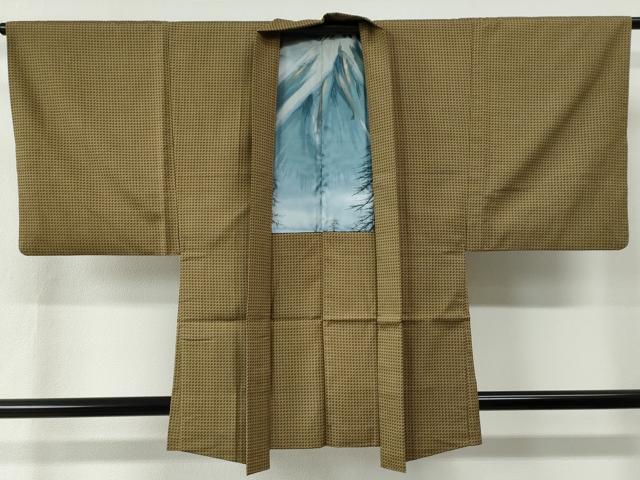 平和屋着物●男性　お召・羽織セット　抽象文　着物：媚茶色　羽織：朽葉色　正絹　逸品　CABC7012yc